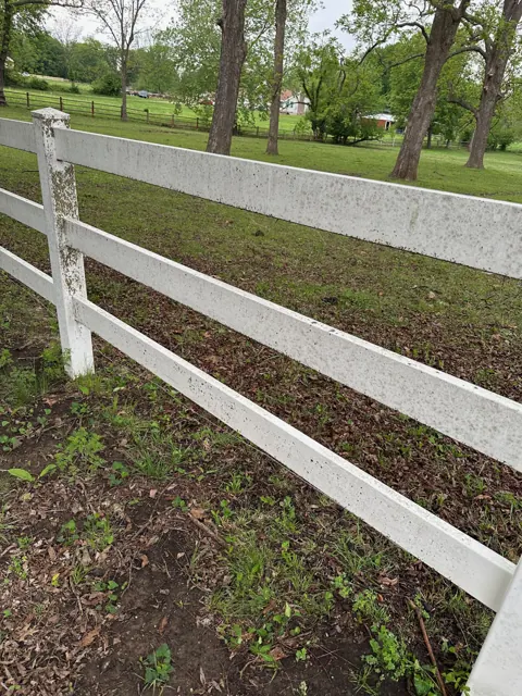 Before cleaning — White fence. Fresh again., Morford’s Pressure Washing